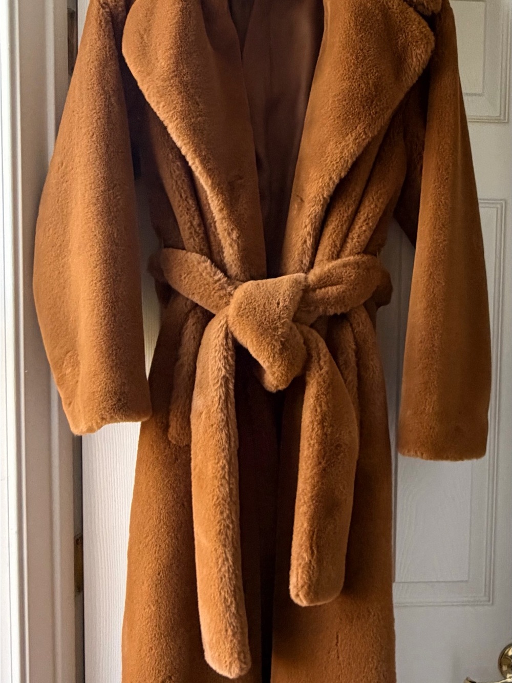 Hugo Boss Teddy Belted Faux Fur Coat in Camel